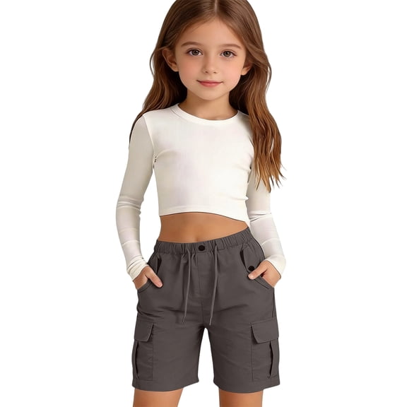 Grblisyd Shorts for Girls Summer Solid Color Elastic High Waist Cargo Drawstring Bermuda with Pockets Teen Kids Casual Knee