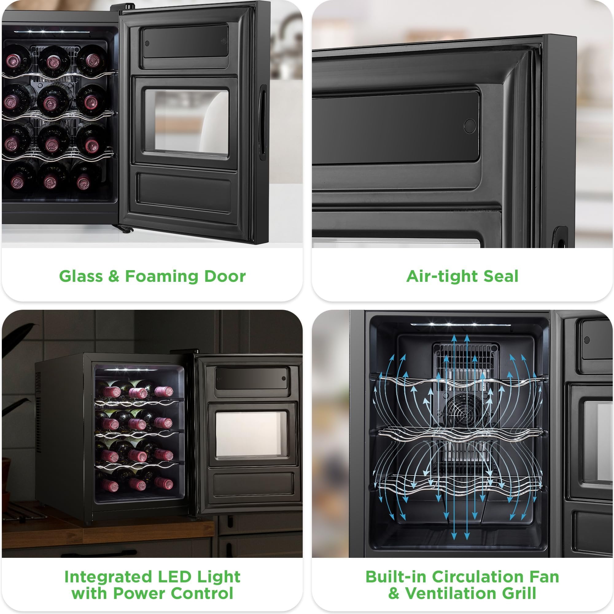 Wine Refrigerator Cellar, 12 Bottle Storage and 30 Liters Internal Capacity, Single Zone Chiller with Digital Touch Button Control, Placement for Standing Bottles and Air Tight Seal