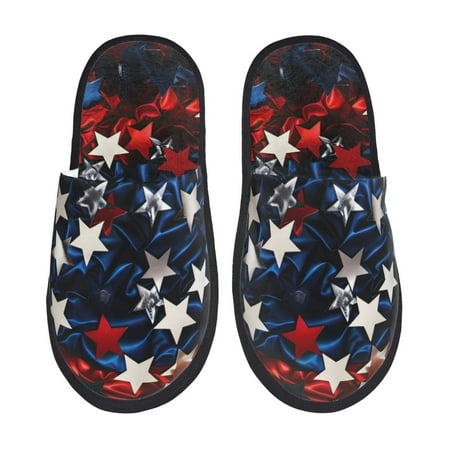 Balery Red Blue White Stars Slient Indoor Furry Fleece Comfort House Shoes Soft Non-Slip Home Shoes Cotton slippers House Slippers-- Medium