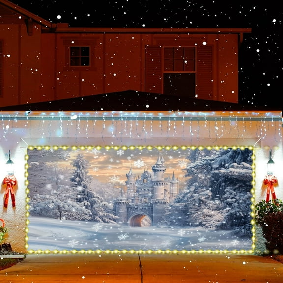 9 x 6 ftChristmas Winter Snow Forest Wonderland Castle Garage Door Decoration Background Ice Castle Snowflake Freeze Forest Backdrop Family Holiday Party Outdoor Indoor Banner Cover