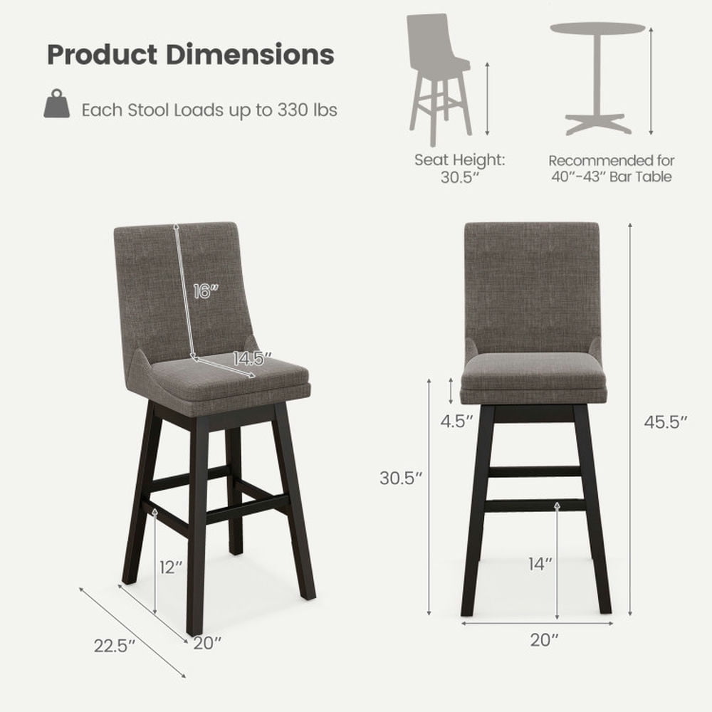 Demi Bonn Set of 2 360° Swivel Bar Stool with Rubber Wood Legs Footrest, Modern Dining Chair with Backrests, Gray