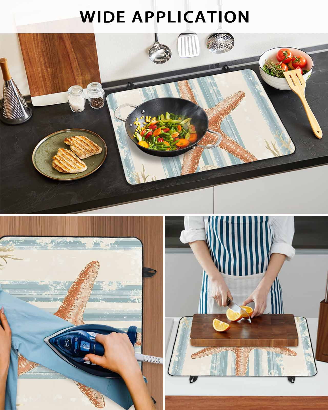nqOlkjepod Large Induction Cooktop Protector Mat 36"x21", Coastal Starfish Stove Top Covers for Electric Stove, Ocean Watercolor Coral Stripe Stove Burner Cover Mats, Glass Top Stove Cover