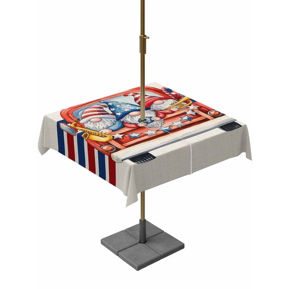 Outdoor Tablecloth with Umbrella Hole for Patio/Picnic/Party/Camping, Thin Blue Red Striped Waterproof Table Cloth Square Cover Washable, Patriotic Gnomes 4th of July Beige (60"x 60")