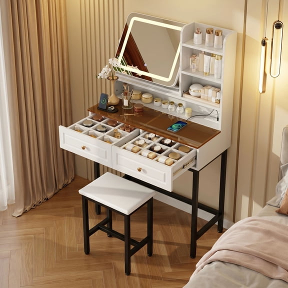 Euroco Makeup Vanity Desk with Mirror and Lights, Small Dressing Table Set with Stool,2 Drawers,Power Outlet and 3-Tier Shelves,Vanity Table with Amber Glass Table Top for Bedroom,White