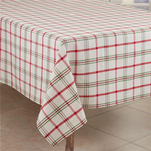SARO 70 in. Square Red & Green Plaid Design Tablecloth