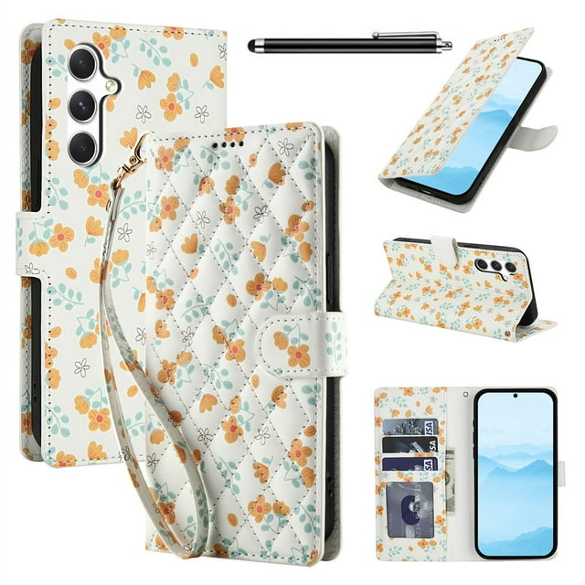 Wallet Case for Samsung Galaxy A14 , PU Leather Phone Cover Kickstand RFID Blocking Flip Case Card Slots Wrist Strap Relief Engraved Pattern Magnetic With Stylus Pen, Orange Flower