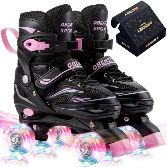 OBENSKY Roller Skates, 4 Size Adjustable for Girls & Boys w/ Light up Wheels-Blue/Pink