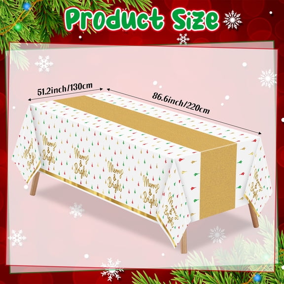 Belanttega Gold Trim Christmas Tree Theme Tablecloth 3-Piece Set, Multicolored Christmas Tree Print Table Cover for Christmas Party Dining Decor, Festive Xmas Dinner Tabling Set Merry & Bright
