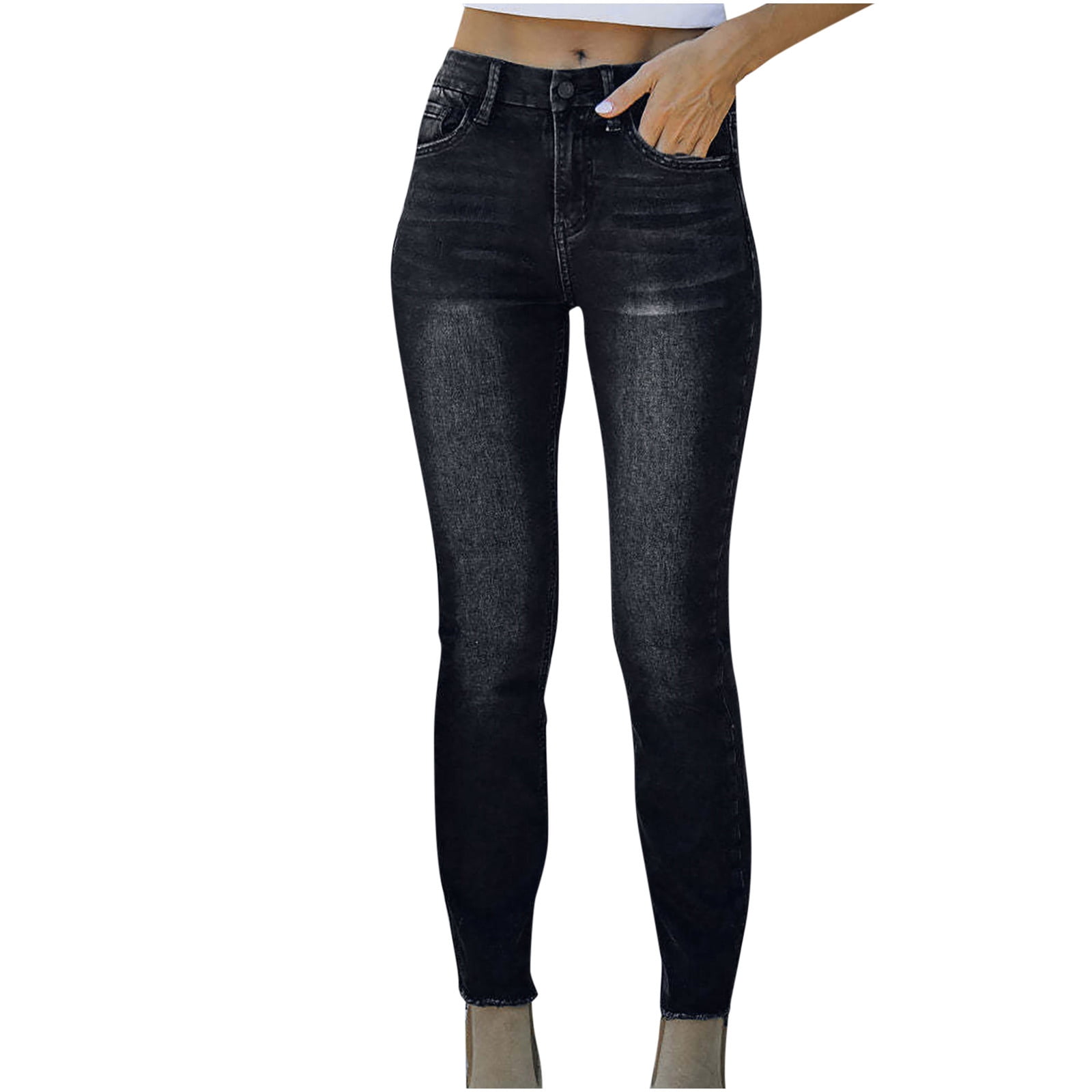 DAETIROS Athletic Works Women Pants Soild Color Straight-Leg Pants Slim Fit  Elasticity Jeans With Pocket Jeans Slim Prevalent Black Size M 