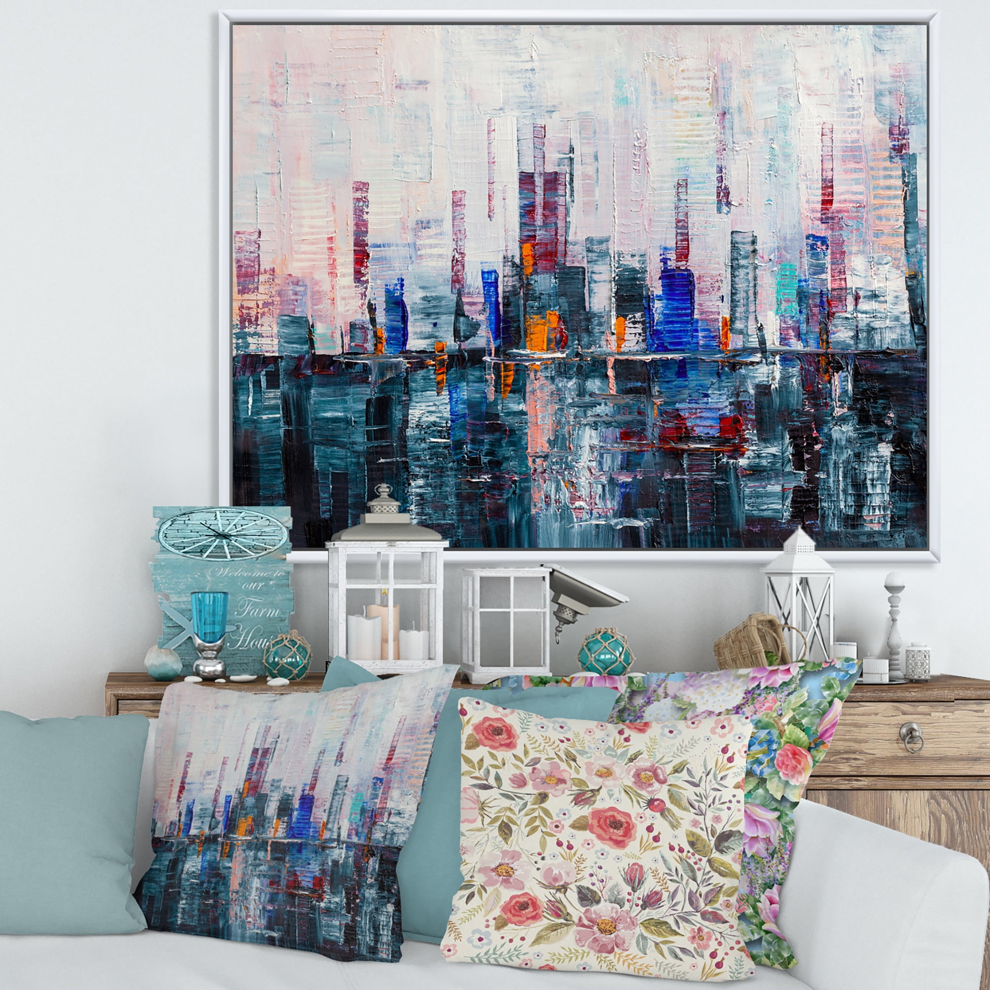 Designart 'Modern Abstract City Skyscrapers' Modern Framed Canvas Wall Art Print