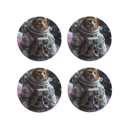 

Fuzoiu Cat Astronaut In Space Print Leather Coasters Set Drink Coasters Set of 4 for Tabletop Protection Durable PVC Coasters Home Décor and Housewarming Gift-Round Shape