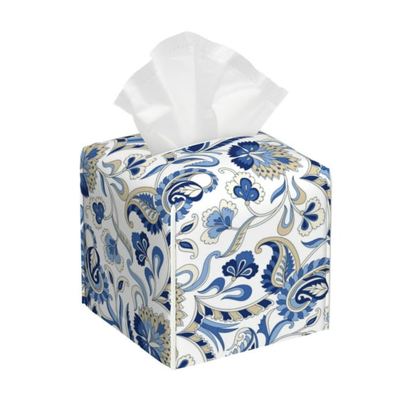 Rateoe Blue Paisley Pattern Tissue Box Cover, Modern Square Decorative Leather Facial Paper Case Organizer Holder Dispenser 5X5X5''