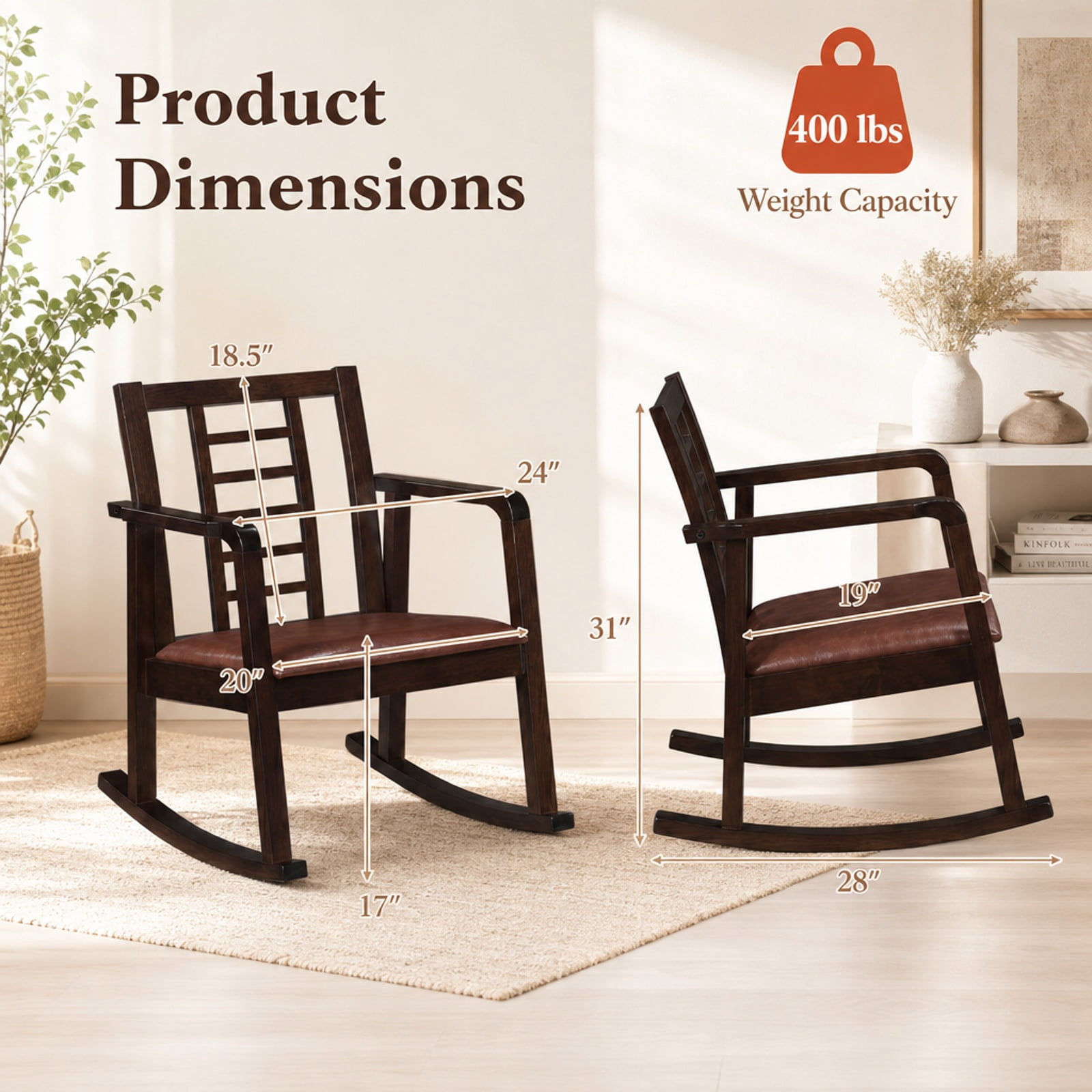 Biotree Wooden Rocking Chair with Upholstered Seat and Ladder Back for Living Room, Brown