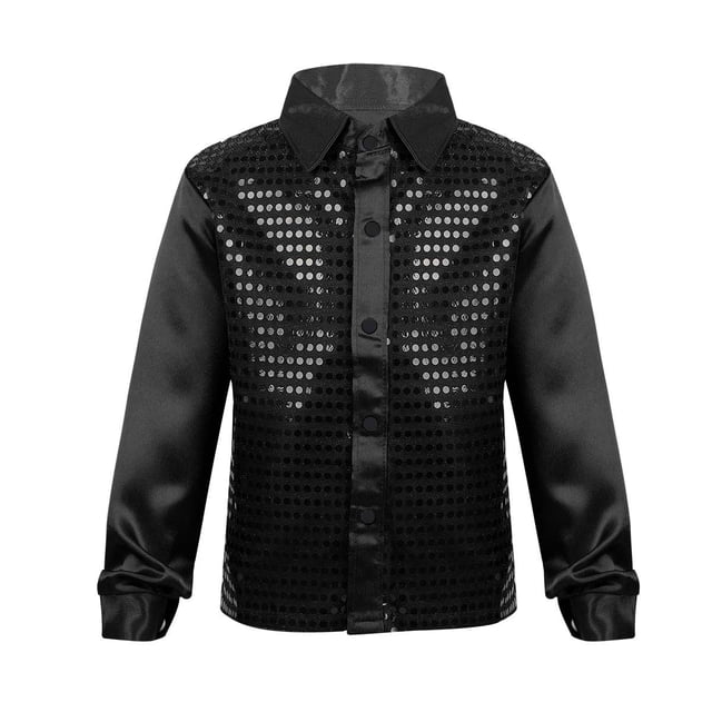 MSemis Chemises à Sequins pour Enfants Garçons Filles Costume de Danse de Rue Jazz Latin Noir 140