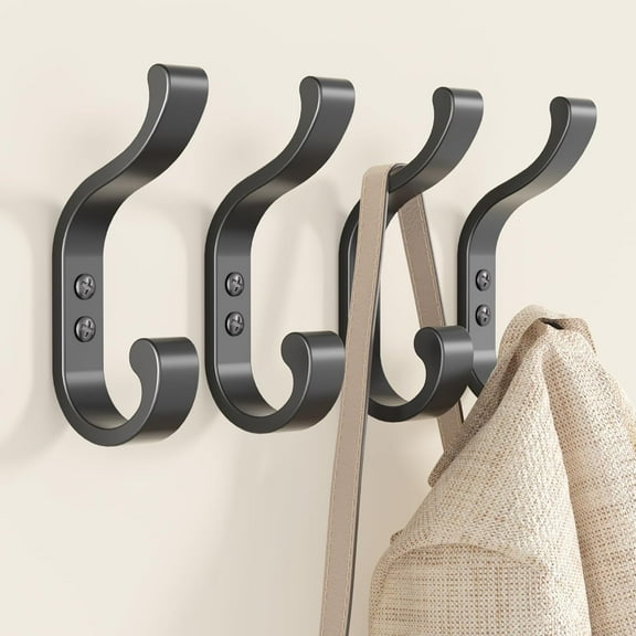 Coat Hooks Wall Mount for Hanging, Heavy Duty Backpack Hooks for Wall, Hold up to 30 lbs, Large Hanger Hooks for Towels, Purses, Clothes, Mudroom, Bathroom, Door, Black, 4 Pack