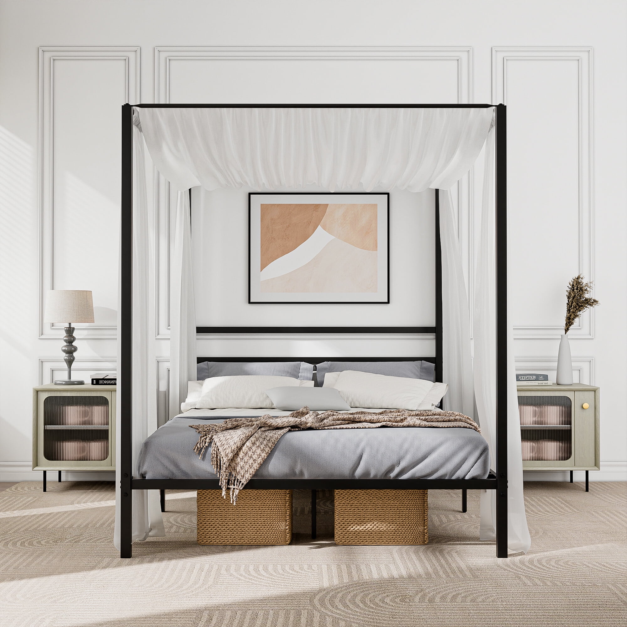 ZENY 14 Inch Platform Built-in Headboard Sturdy Metal Frame Canopy Bed Frame with Four Posters, Black Queen Size