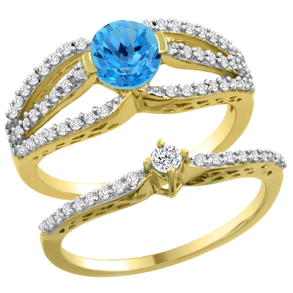 14K Yellow Gold Natural Swiss Blue Topaz 2-piece Engagement Ring Set Round 5mm, size 5 by Gabriella Gold