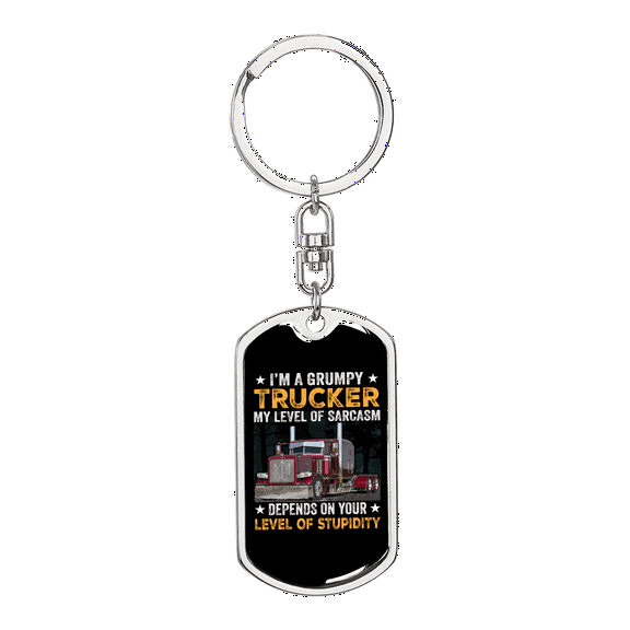 Grumpy Trucker Swivel Keychain Dog Tag Stainless Steel or 18k Gold