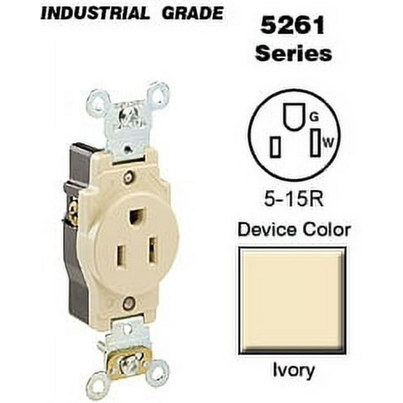 Leviton 5261-I Single Receptacle Industrial Grade 5-15R 15A 125V BandS Wired - Ivory