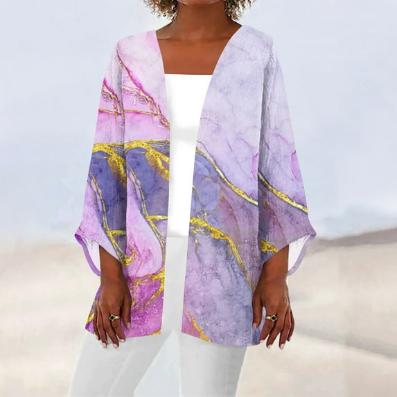 Effortlessly Trendy - Open Front Style! HIMIWAY Kimonos for Women Casual Women's Casual Fashion Retro Printed Lightweight Medium Length Jacket Cardigan Purple XL