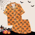 thumbnail image 5 of UngA Halloween Pajama Shorts Halloween Satin Pajamas Set for Women Cute 2 Piece Graphic Pj Set Button Down Short Sleeve Shirt Shorts Lounge Set Yellow,M, 5 of 5