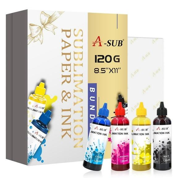 A-SUB Sublimation Paper and Ink Bundle Kit - 8.5x11 Inch Sublimation Paper 120g   480ML A-sub Sublimation Ink for All Epson Inkjet Printers DIY Holiday Gifts