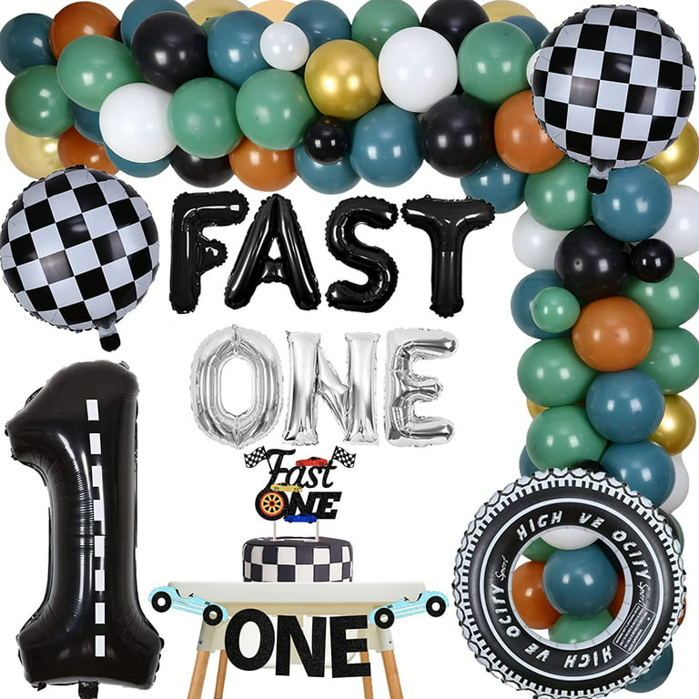 Race Car First Birthday Party Decorations, Fast One Cake Topper & Balloon  Garland Kit, Racing Theme 1st Birthday Photo, Highchair Banner with  Checkered Flag Bunting, Car Wheel Foil Balloons 