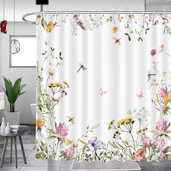Wildflower Shower Curtain Vintage Nature Floral Plant Butterfly Decorative Shower Curtains Rustic Wildflower Leaf Spring Blossom Bathroom Curtain 72×72 Inch Waterproof Fabric