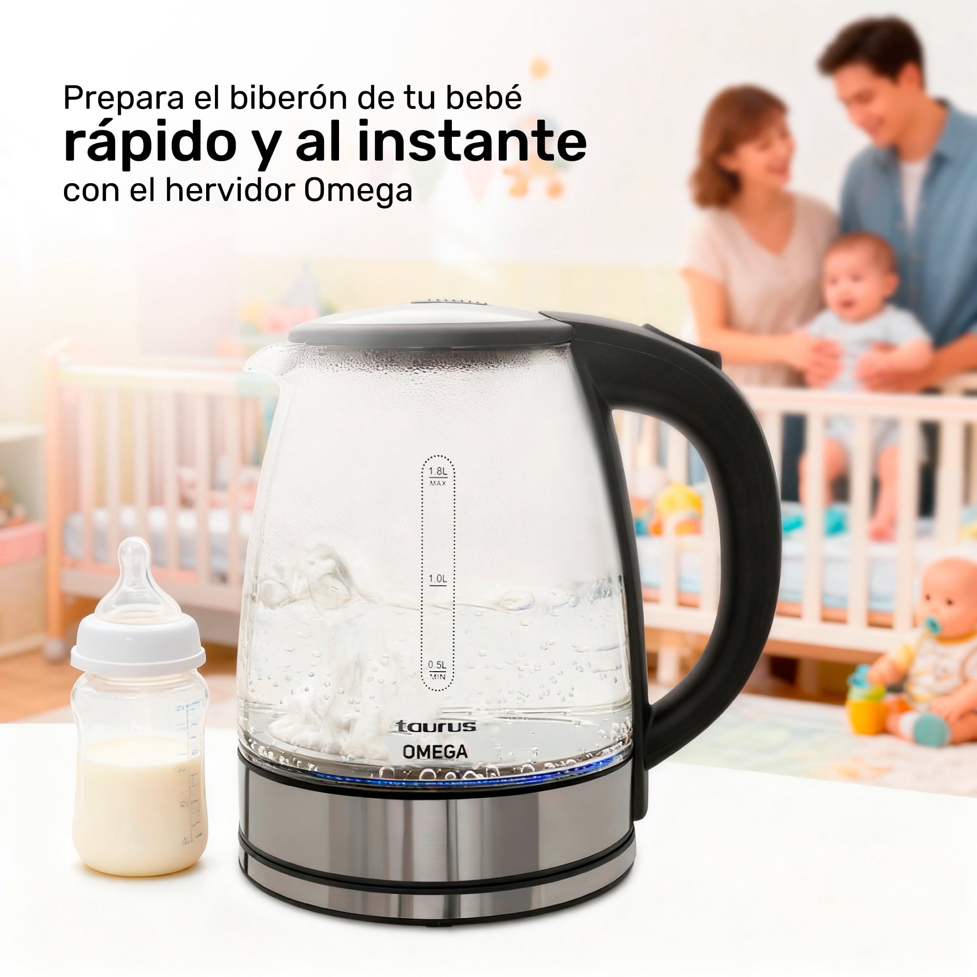 Taurus 1.8L Cordless Glass Electric Kettle with Borosilicate Body, 360° Swivel Base, Fast Boil, Auto Shut-Off – BPA-Free, for Tea, Coffee & Instant Meals