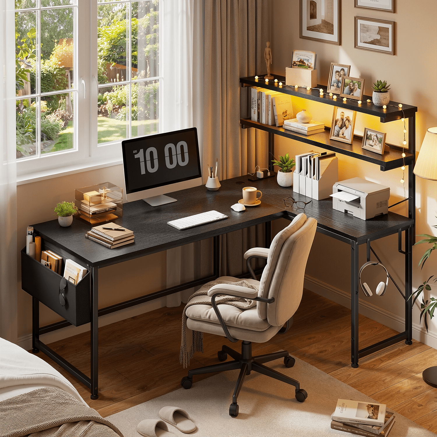 Romorgniz L Shaped Computer Desk with LED Lights & Power Outlet, Reversible 53"W Gaming Desk with Storage Shelf, Side Bag, Hooks for Home Office, Black