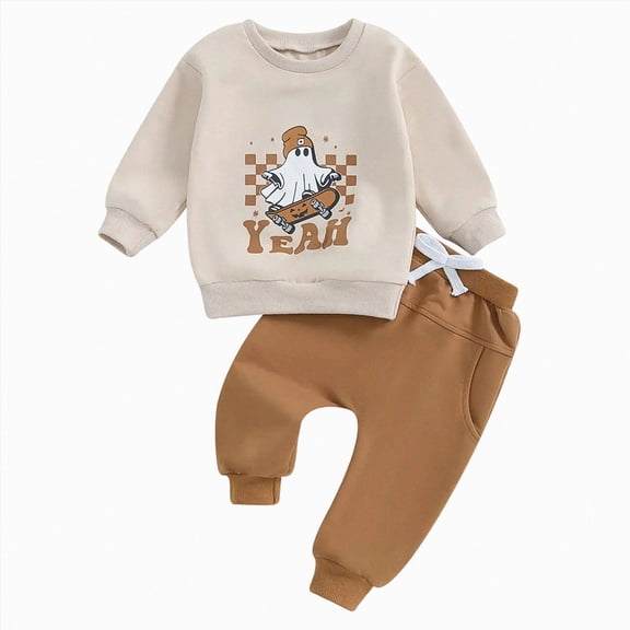 Regarm Baby Boy Halloween Outfit Toddler Long Sleeve Cartoon Sweatshirt Tops Elastic Pants 2PCS Fall Winter Halloween Clothes(Khaki,6-12 Months)