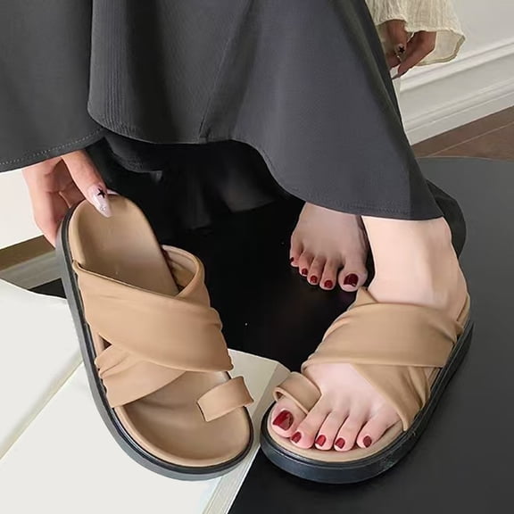 Domuza Women Toe Ring Platform Slide Sandals, Crisscross Ruched Strap Slip On Shoes, Comfortable Casual Summer Footwear for Beach and Daily Wear Brown 8(EU-40)