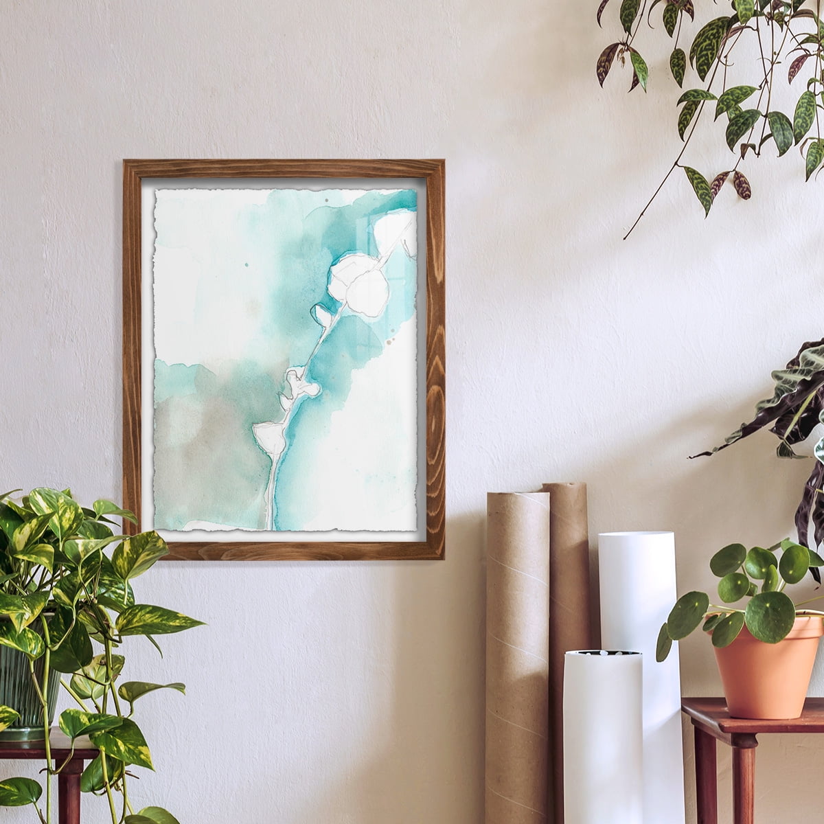 Ginkgo on Dusty Teal VII - Framed Print w/glass - Walnut