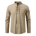 thumbnail image 2 of USNSM Men's Linen Cotton Retro Lace Up Shirt Long Sleeve Stand Up Collar Drawstring Top Casual Pullover Henley Shirt Yellow XXL, 2 of 9