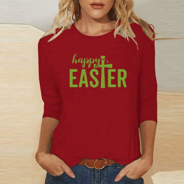 Daisyyozoid Chemise de Pâques pour Femmes Mode Décontractée de Noël Imprimée Col Rond Blouse Manches 3/4