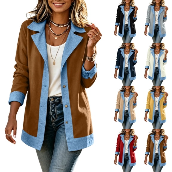 Husipze Denim Patchwork Jackets for Women Long Sleeve Button Down Lapel Collar Blazer Denim Trimmed Casual Fall Winter Outerwear Brown S