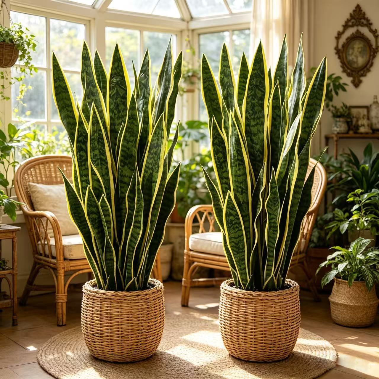 22.44in Artificial Snake Plant, Faux Sansevieria with Golden Edges, UV Resistant Fake Snake Plant for Indoor Outdoor Home Office Living Room Decor, No Pot