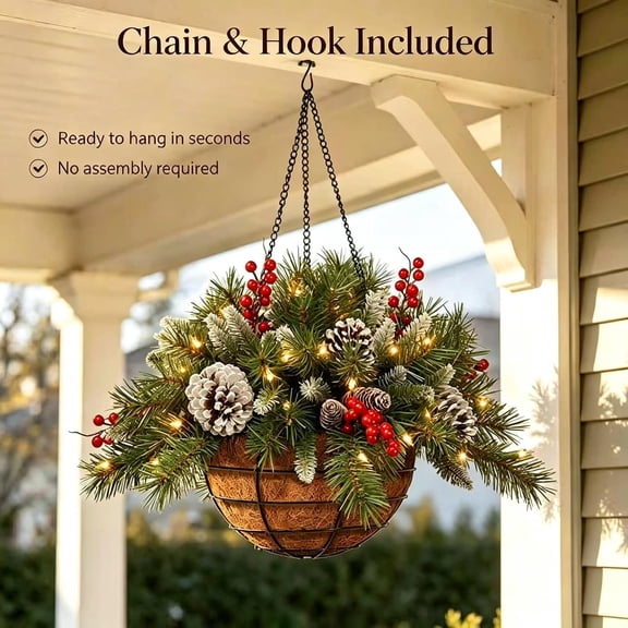 New Pre-Lit Artificial Christmas Hanging Basket, Christmas Hanging Planter Basket With Pine Cones Red Berries Warm LED Lights, Indoor Outdoor Winter Holiday Front Porch Decor