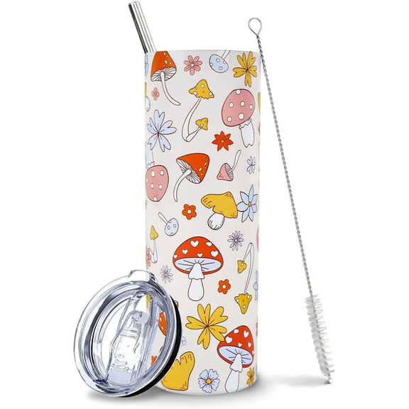 Mushroom Cup, Mushroom Gifts for Women Mushroom Lovers, Mushroom Stuff Accessories Decor, Mushroom Print Gift, Cute Plant Mushroom Mug Coffee Cup, Kawaii Mushroom Tumbler with Lid and Straw 20 Oz