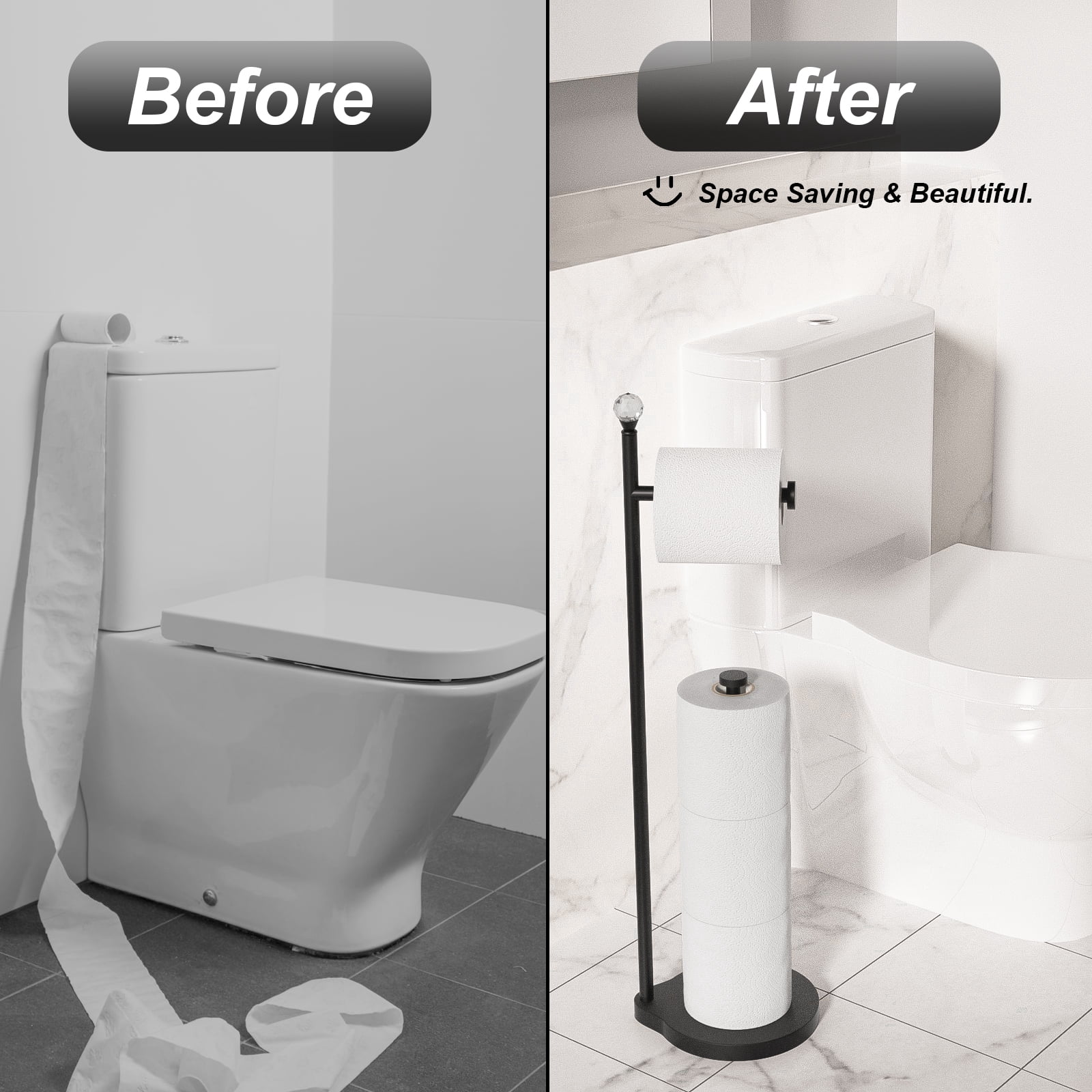 KASUNTO Toilet Paper Holder for Bathroom, Heavy Weighted Metal Free Standing Toilet Paper Storage with Crystal Ball, Toilet Paper Stand for Bathroom Accessories, Matte Black [Holds MEGA Rolls]