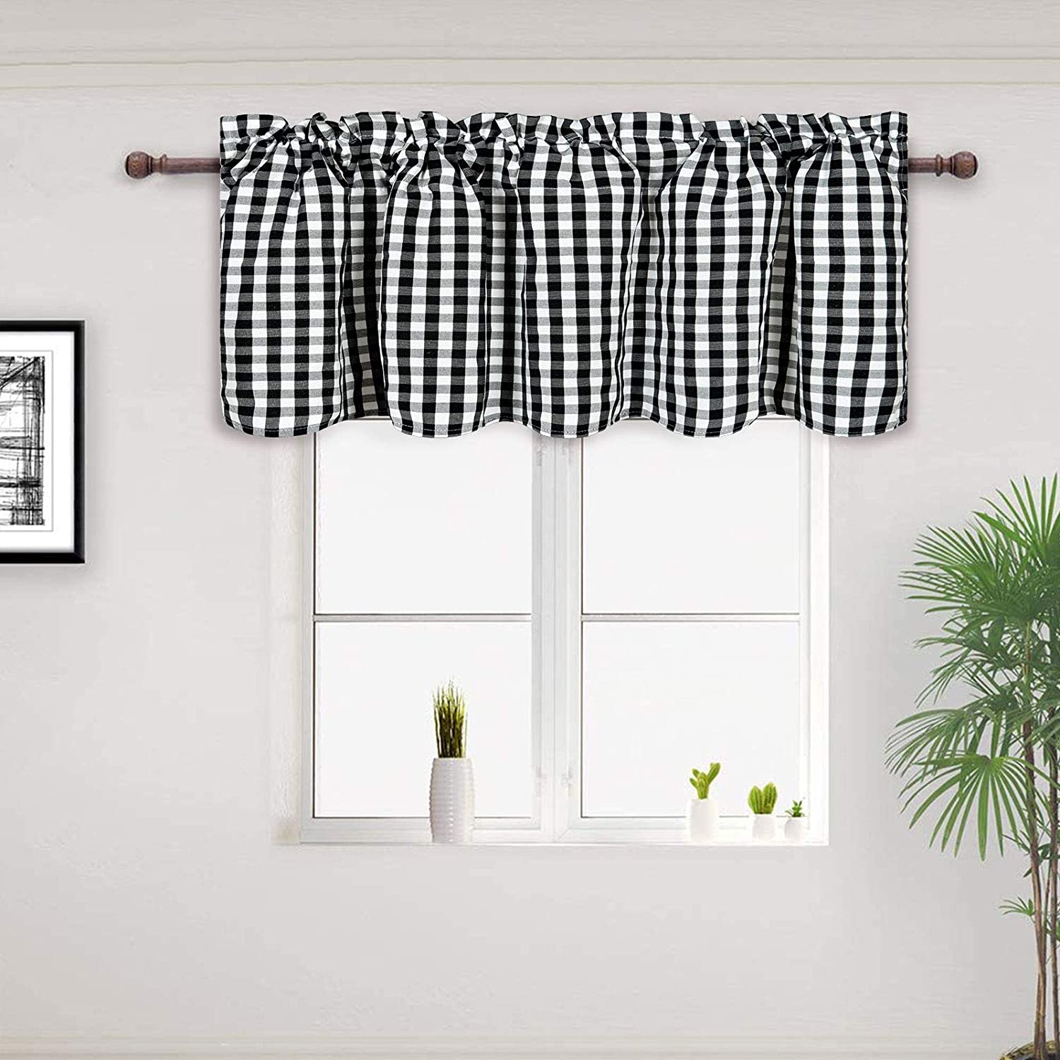 Buffalo Plaid Cotton Curtain Valance, Black and White Check Window