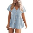 thumbnail image 1 of B91xZ Hauts Grande Taille pour Femmes Imprimé Lettre Rétro Hauts de Fête Décontractés Manches Courtes, Bleu TG, 1 of 4