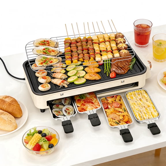 REDUSK Electric Indoor Grill 1500W, 3 in 1 Versatile Smokeless Indoor Grill for Home Cooking, Non-Stick Removable Grill & Griddle Plate, Temperature Control,  White