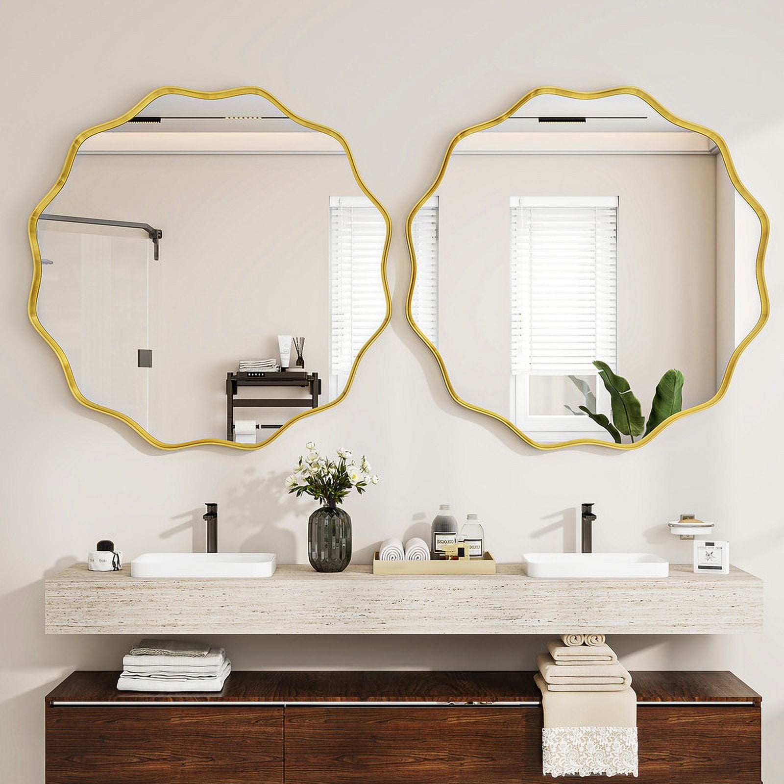 Easy4Home 36" Wavy Round Decorative Mirror With Deep Frame, Gold