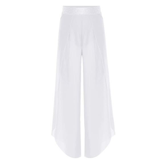 inlzdz Girls Lyrical Dance Pants Rhinestone Flowy Mesh Side Slit Wide Leg Figure Skating Ballet Dance Trousers White 10