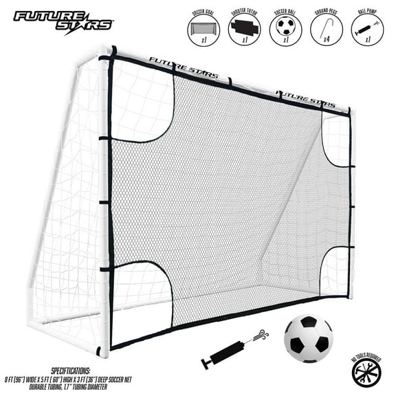 Future Stars 8ft Soccer Goal Combo Set with Shooter Tutor, Official Size 5 Soccer Ball and Pump with Pin
