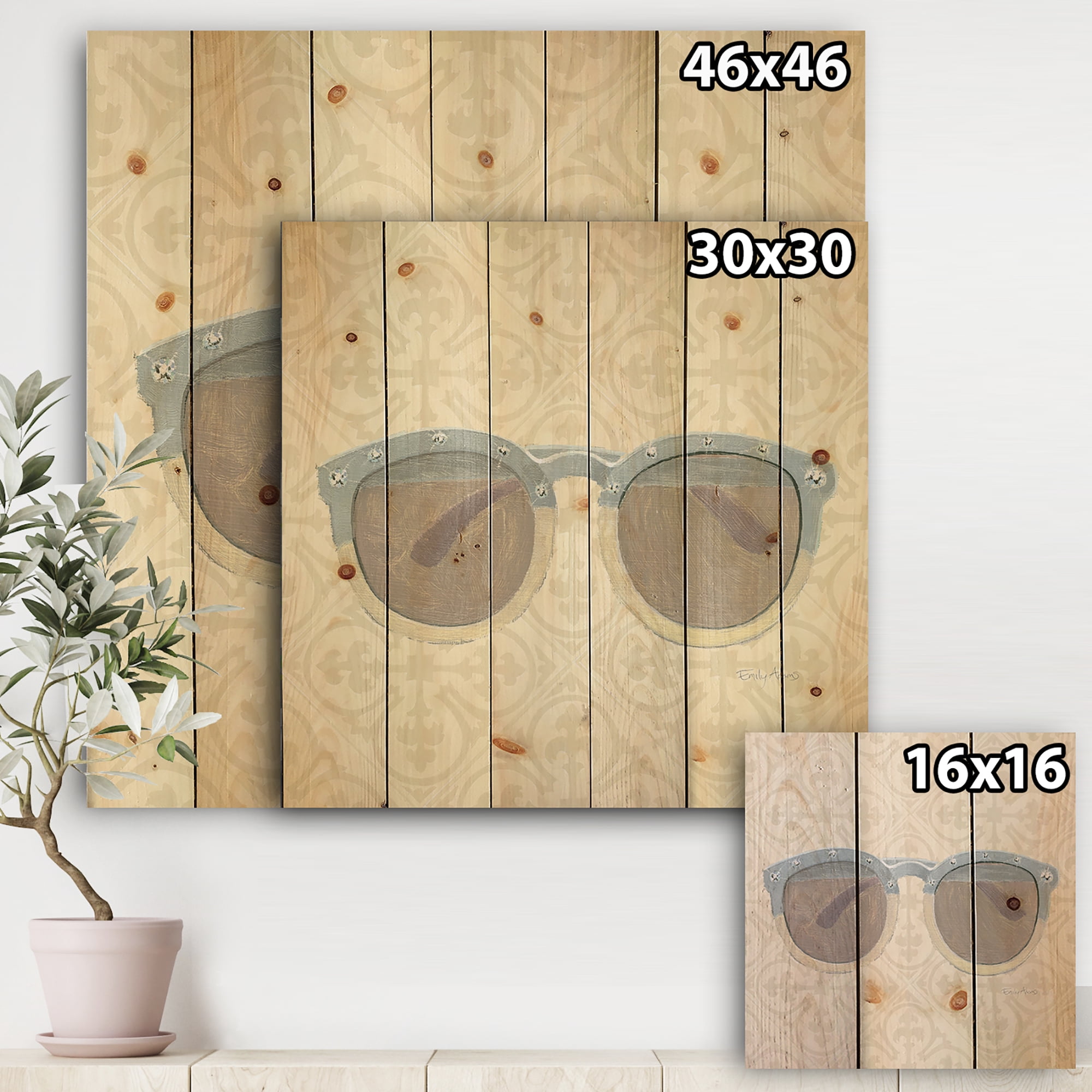 Designart 'Fashion Cosmetics Blue Sun Glasses' Posh & Luxe Print on Natural Pine Wood
