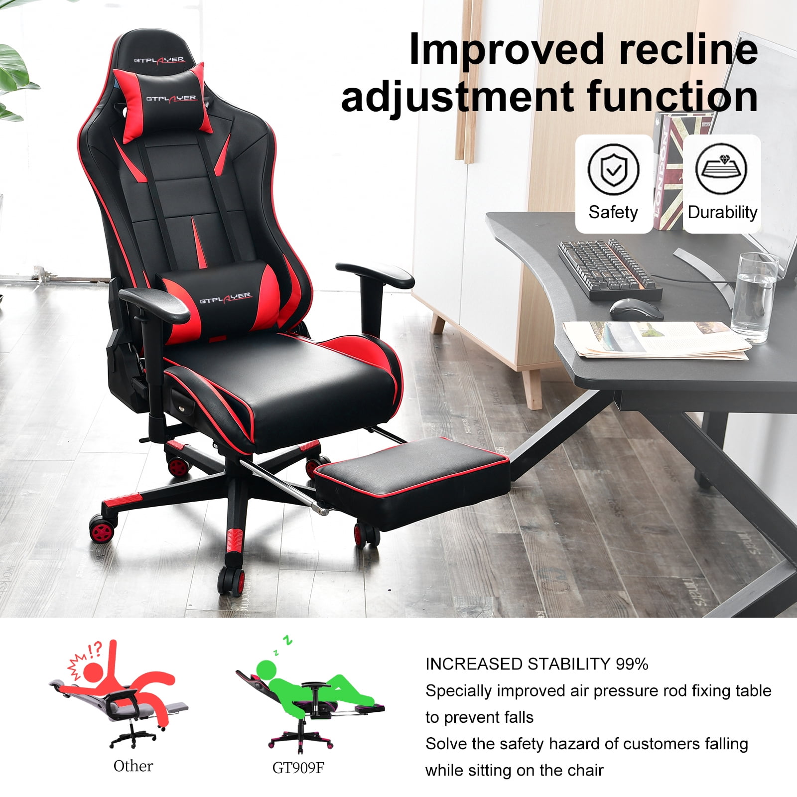 GTRACING Music Gaming Chair with Footrest Ergonomic Reclining PU Leather Office Chair, Red