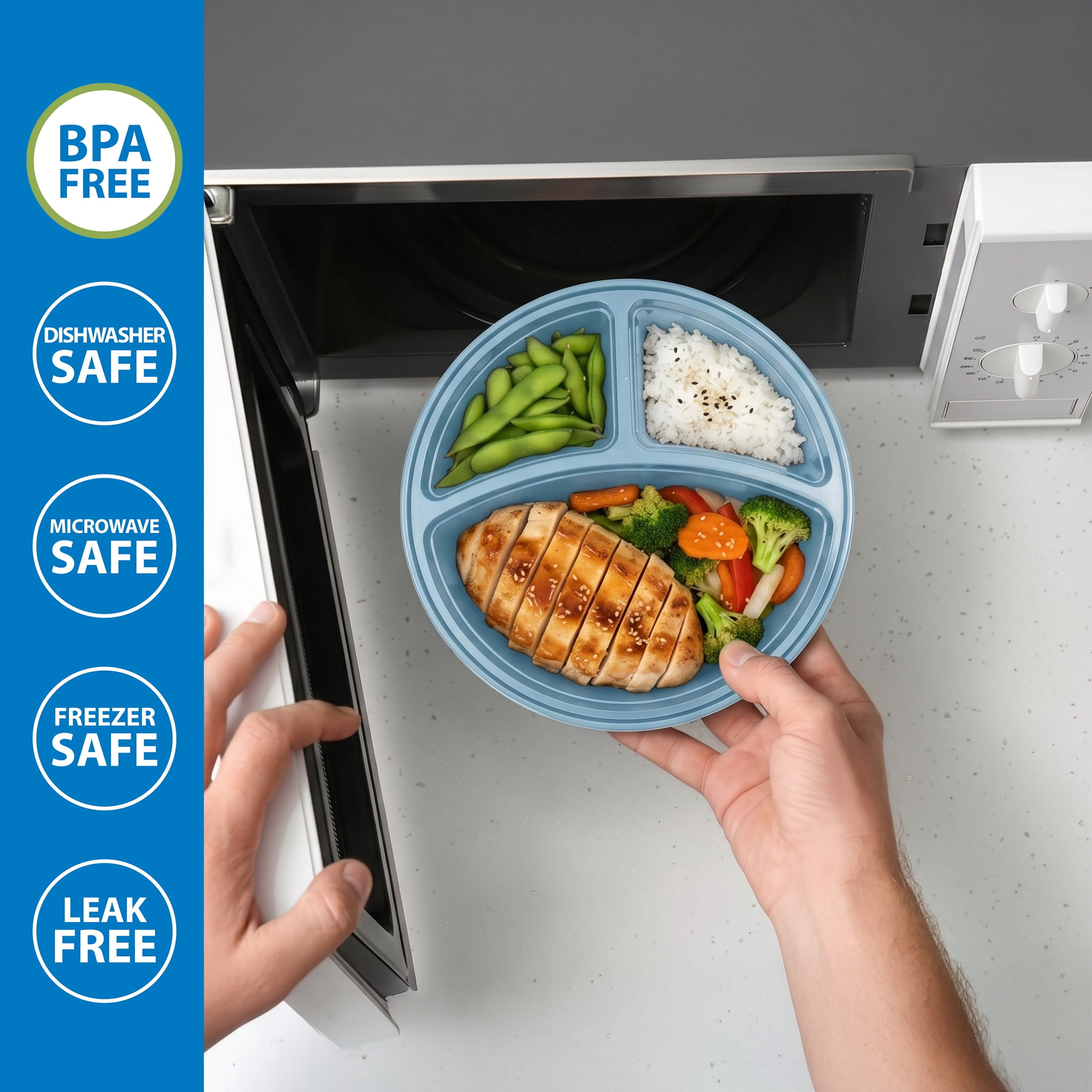 Mainstays 5-Pack 3-Compartment Round BPA-Free Plastic Meal Prep Food Storage Containers, 1L, Blue Cameo
