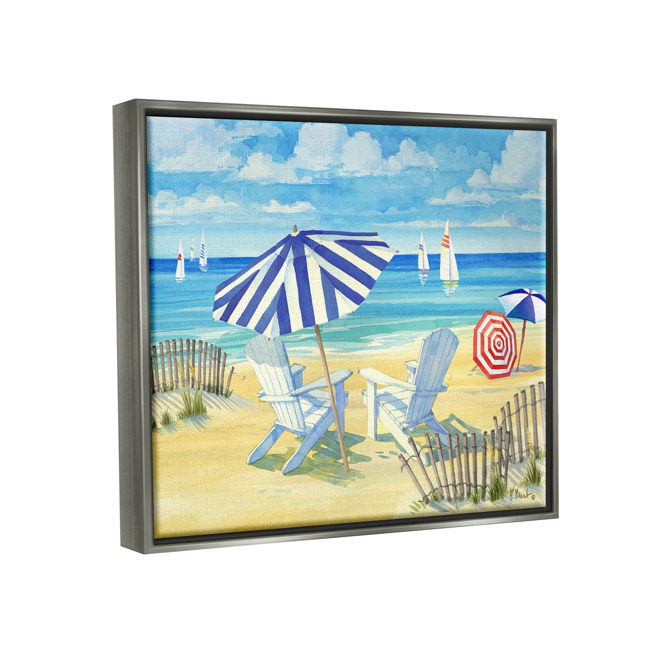 Stupell Industries Summer Sun Sailboat Chairs Painting Luster Gray Floating Framed Canvas Print Wall Art, Design by Paul Brent